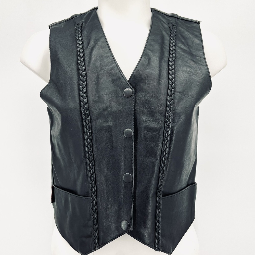 Hot Leathers Women Black Leather Vest XS Embroidery Butterfly Snap Button NWOT